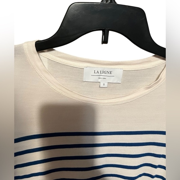LA LIGNE NYC White Navy Stripe Viscose Silk Teddy Tee - Picture 6 of 8